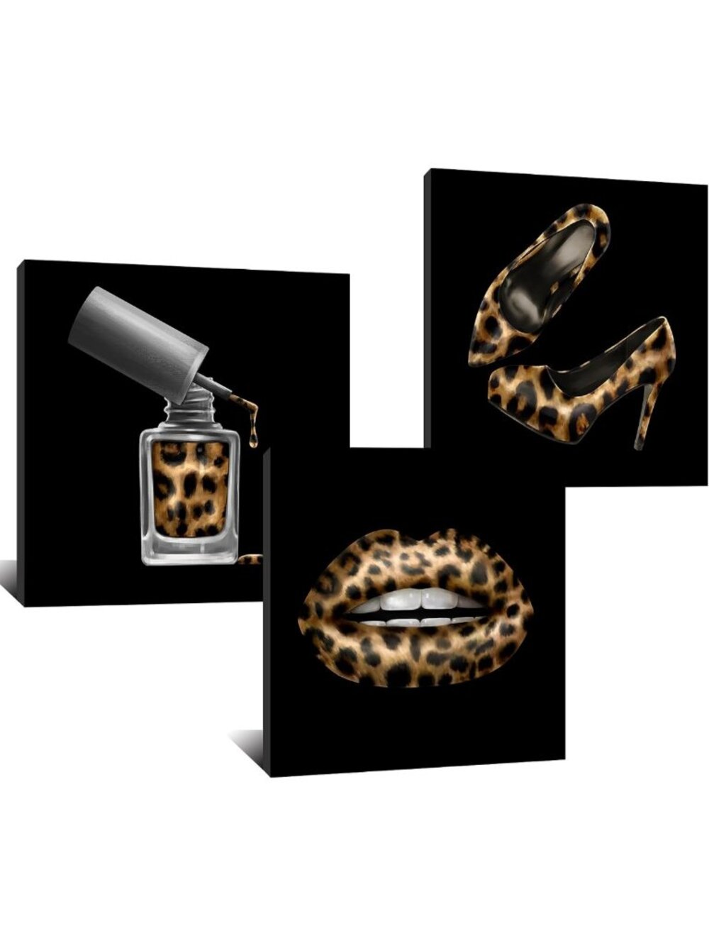 Chic Leopard Print & High Heels Wall Art Set - Modern Black Gold Decor, 3 Pieces